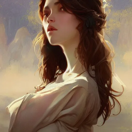 Image similar to Girl in love, subtle, looking far , highly detailed, digital painting, artstation, concept art, sharp focus, art by artgerm and greg rutkowski and alphonse mucha