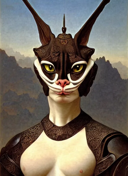 Prompt: portrait of a sphinx cat is a chinese dragon in armor and helmet, majestic, solemn, symmetrical, detailed intricate, hyper realistic, by bouguereau