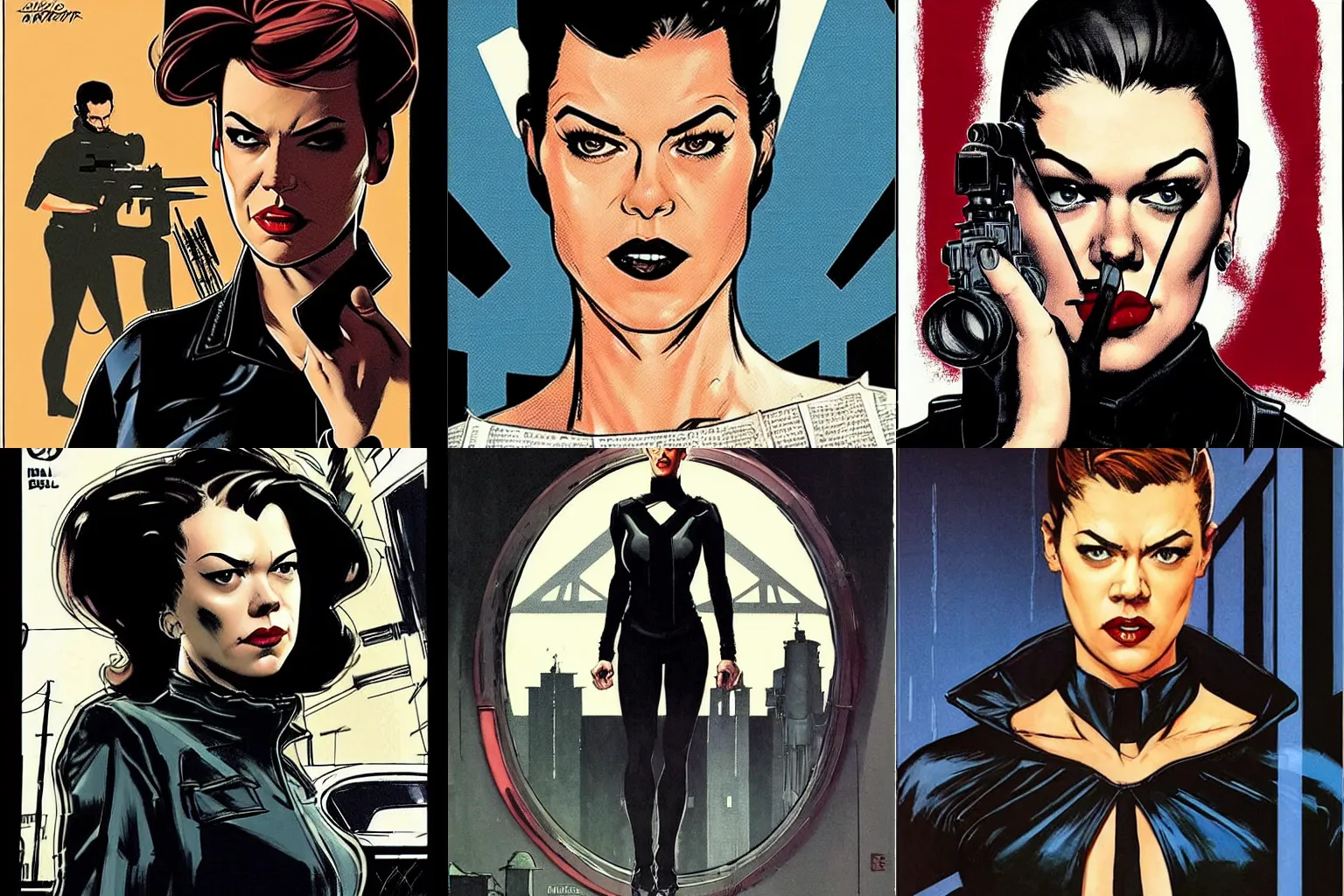 Prompt: Rafael Albuquerque comic art, Norman Rockwell, Adrianne Palicki as a Russian spy, black outfit, smirk, fun pose, hair pulled back symmetrical face, symmetrical eyes, realistic face