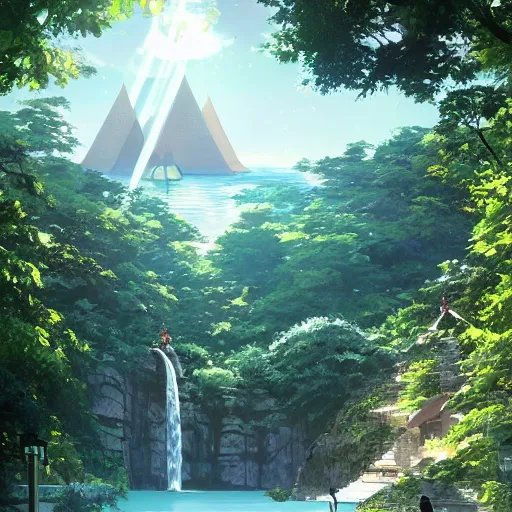 Image similar to geodesic dome in front of a lake with gardens and waterfall, gapmoe kuudere moody lighting stunning bokeh highlights sharp contrast | trending pixiv fanbox | by greg rutkowski makoto shinkai takashi takeuchi studio ghibli