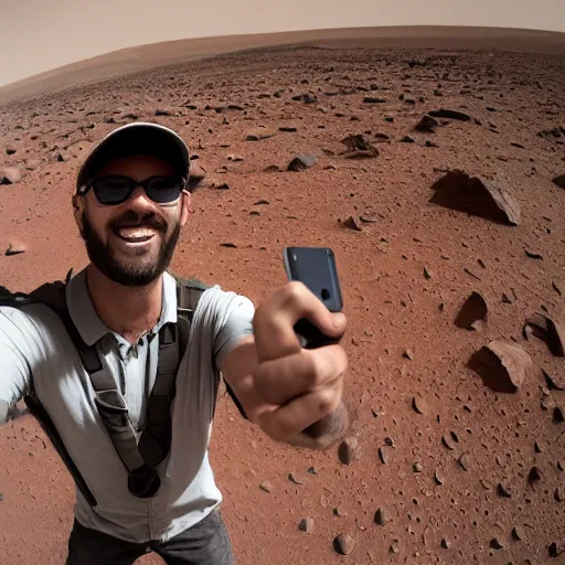 Image similar to a man taking a selfie on mars, 4 k, high detail, high - resolution photograph, professional photography, ultra - detail