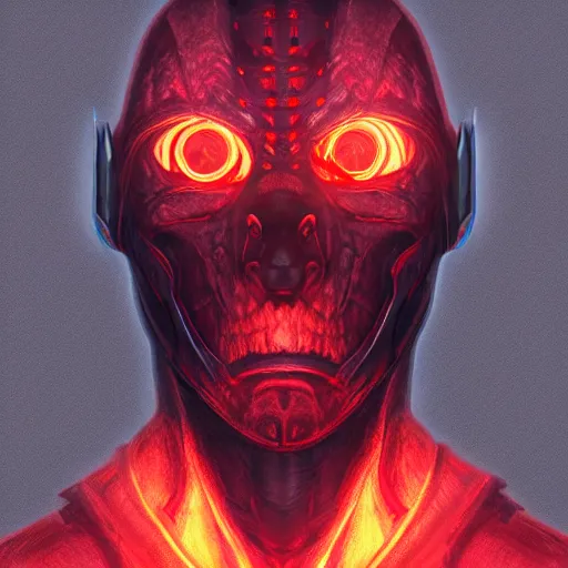 Image similar to a highly detailed character portrait of a man wearing a epic dark armor with glowing red eyes concept art