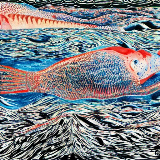 Prompt: weird fishes at the bottom of the sea, painting by stanley donwood and robert wyland, layered texture, shimmering