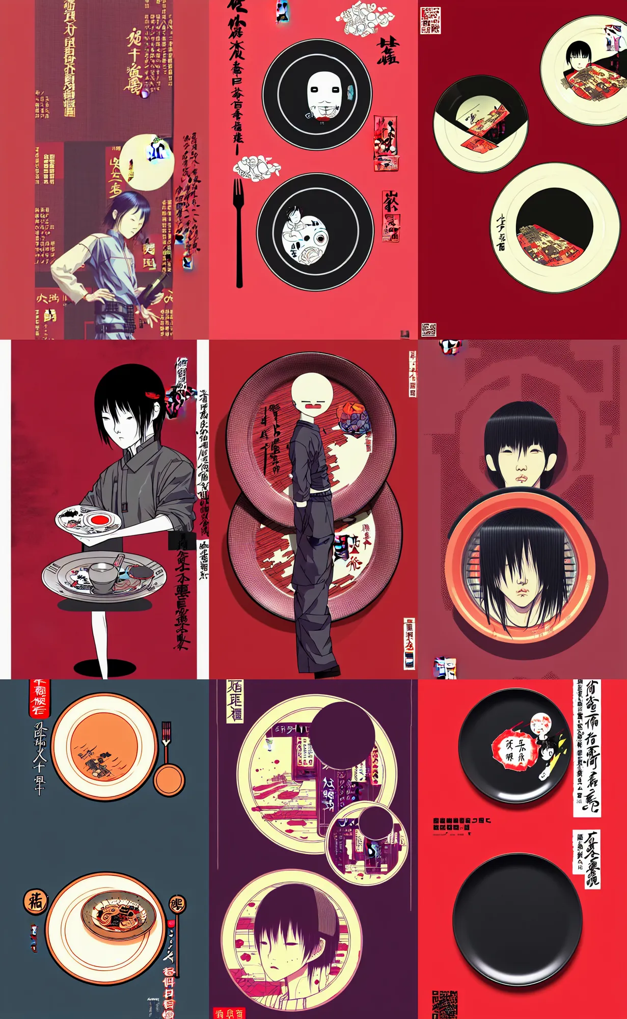 Prompt: package empty plate design plain background, japanese cyberpunk chinese illustration concept art trending on arstation 4 k, graphic design, by kim jung ji, katsuhiro otomo and junji ito