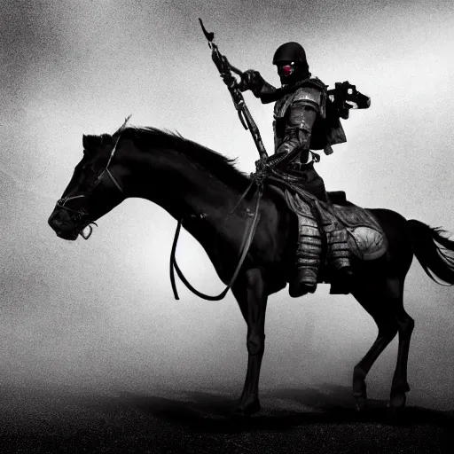 Prompt: death riding a black horse, holding a black flag with a white rose on the flag, rugged, black tactical gear, black and white, noir, futuristic, octane render, cinematic