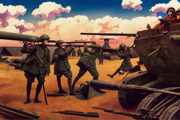 Prompt: anime key visual depicting the horros 1 9 1 8 great war, anime maids riding early tanks, matriarchy, old bolt action rifles, biplanes in the sky, blood anguish terror, jamie wyeth james gilleard edward hopper greg rutkowski acrylic painting, preserved museum piece, historical