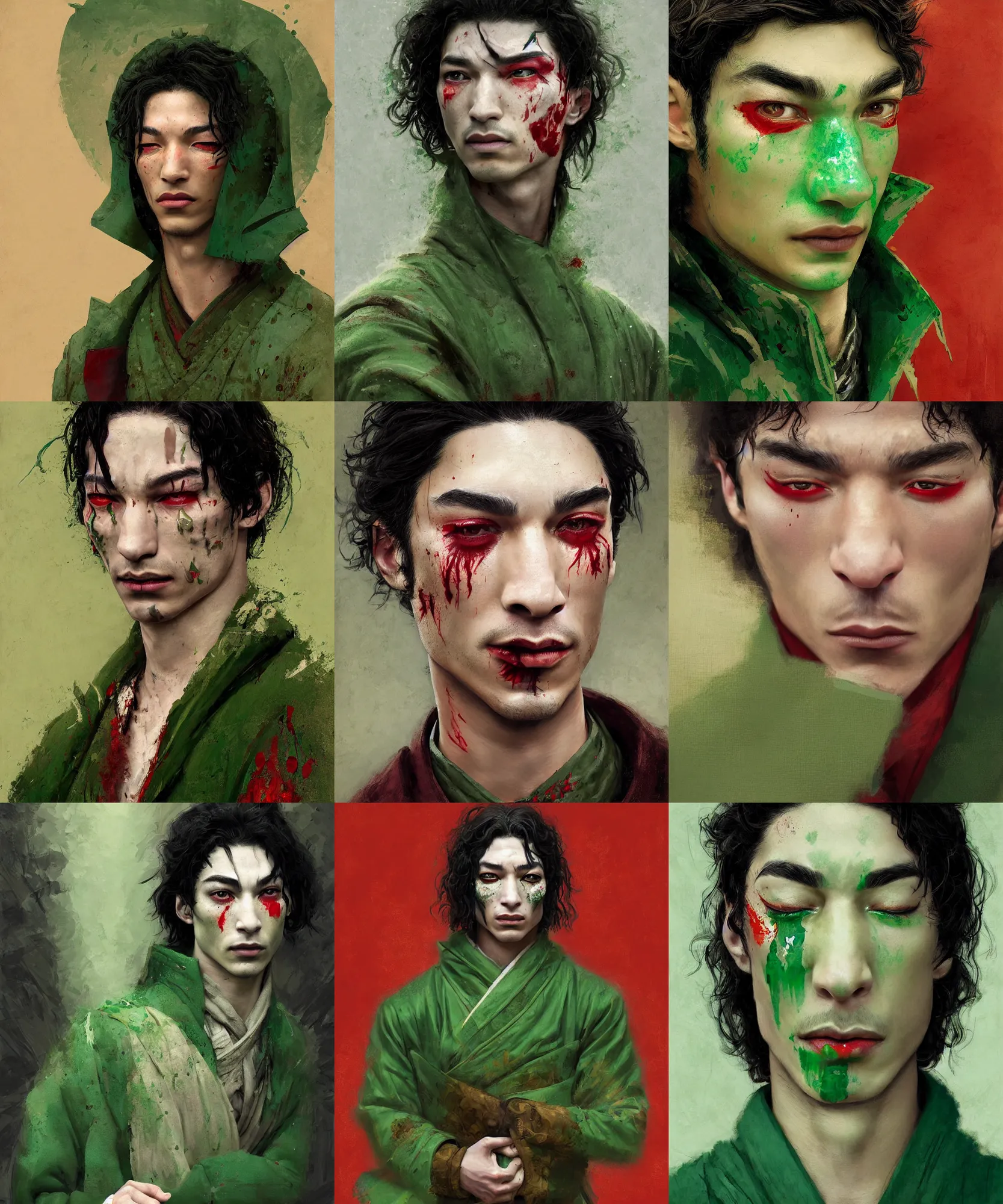 Prompt: digital art painting of a guy similar to ezra miller dnd portrait, blood tears, remarkable geisha make up, wearing a green jacket painted by craig mullins and gaston bussiere and greg rutkowski, symmetrical face, defined facial features, symmetrical facial features, dramatic lighting, close up