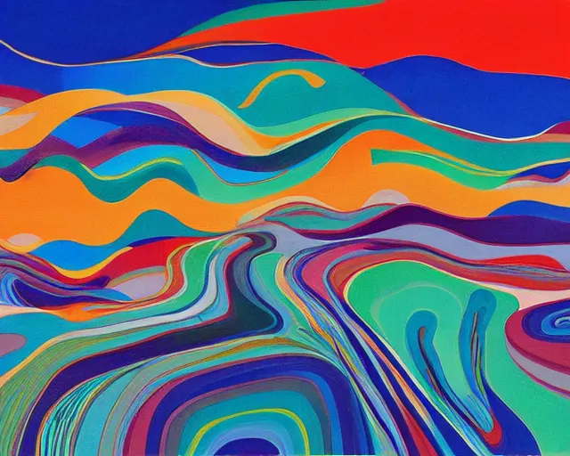 Image similar to A wild, insane, modernist landscape painting. Wild energy patterns rippling in all directions. Curves, organic, zig-zags. Saturated color. Mountains. Clouds. Rushing water. Wayne Thiebaud. Lisa Yuskavage landscape.