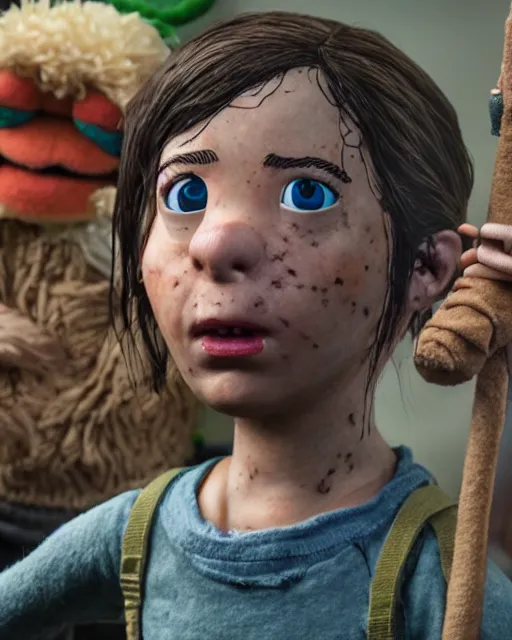 Image similar to abby from the last of us as a muppet. highly detailed felt. hyper real photo. 4 k.