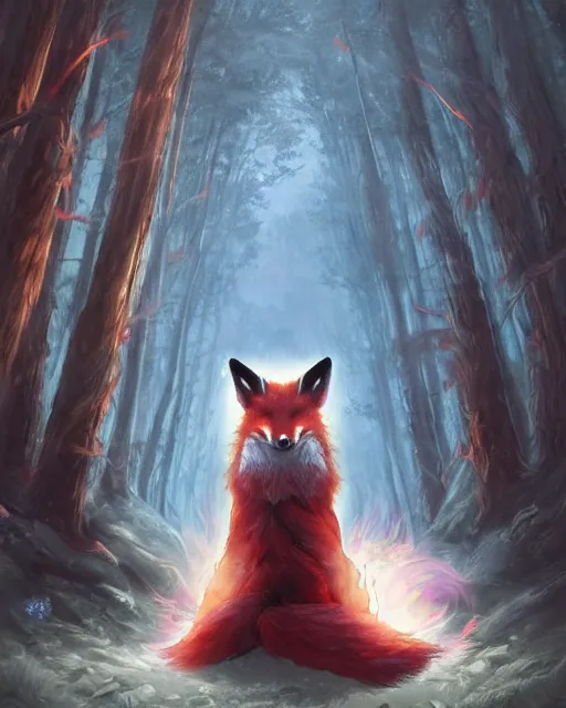 Image similar to Kitsune Fox Sorcerer meditating in the woods, nine tails, magic the gathering artwork, D&D, fantasy, cinematic lighting, centered, symmetrical, highly detailed, digital painting, artstation, concept art, smooth, sharp focus, illustration, volumetric lighting, epic Composition, 8k, art by Akihiko Yoshida and Greg Rutkowski and Craig Mullins, heroic pose, oil painting, cgsociety, Tree Woodland atmosphere