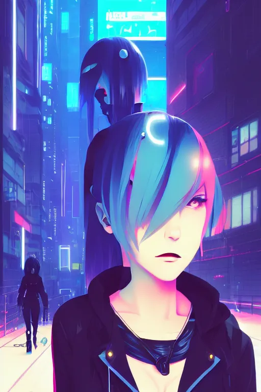 Image similar to digital illustration of cyberpunk pretty girl with blue hair, wearing a black ominatrix outfit, in city street at night, by makoto shinkai, ilya kuvshinov, lois van baarle, rossdraws, basquiat