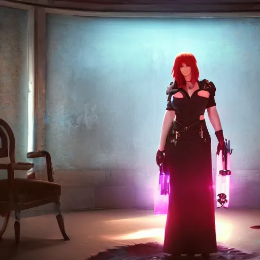 Prompt: a gaming screenshot portrait still of christina hendricks as scarlet in final fantasy, moebius, greg rutkowski, zabrocki, karlkka, jayison devadas, phuoc quan, trending on artstation, 8 k, ultra wide angle, video game graphics, realistic unreal engine 3 d game, zenith view, cyberpunk pincushion lens effect