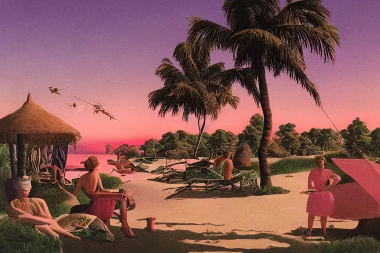 Prompt: vintage magazine illustration of a dreamy beach scene on a hot summer evening, by carel willink and gregory crewdson, pink sunset, vaporware