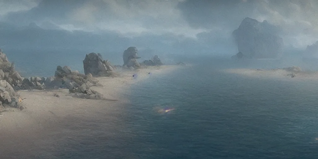 Image similar to screencap from a movie, epic matte painting of an island, cinematic cinematography masterpiece, greg rutkowski, and ivan aivazovski, roger deakins