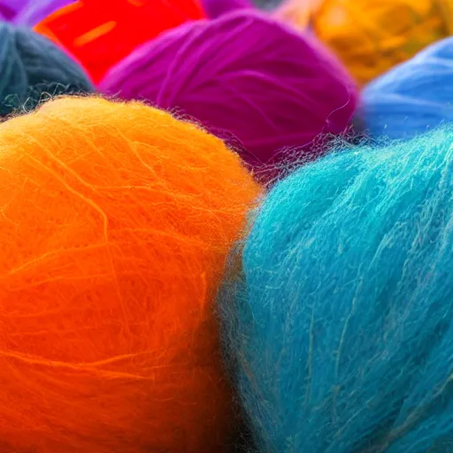 Image similar to hairy colorful balls of yarn in the shape of a chablis, 35mm, f1.4, bokeh