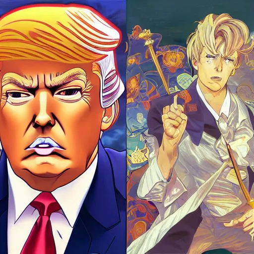 Image similar to donald trump as a jojo character, studio portrait, anime key visual, by wlop, alphonse mucha, extremely detailed