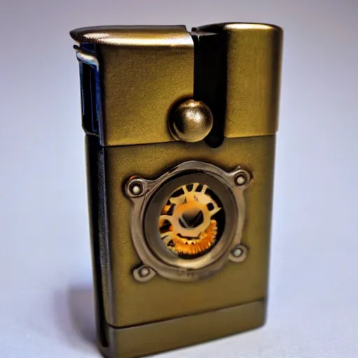 Prompt: a steampunk lighter, product photo, man lighting a cigarette, burnished bronze, flame