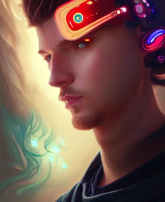 Image similar to a whirlwind inside the metaverse, guy, male, man, hologram, half body, neurochip, android, cyborg, cyberpunk face, by loish, d & d, fantasy, intricate, elegant, highly detailed, colorful, digital painting, artstation, concept art, art by artgerm and greg rutkowski and alphonse mucha