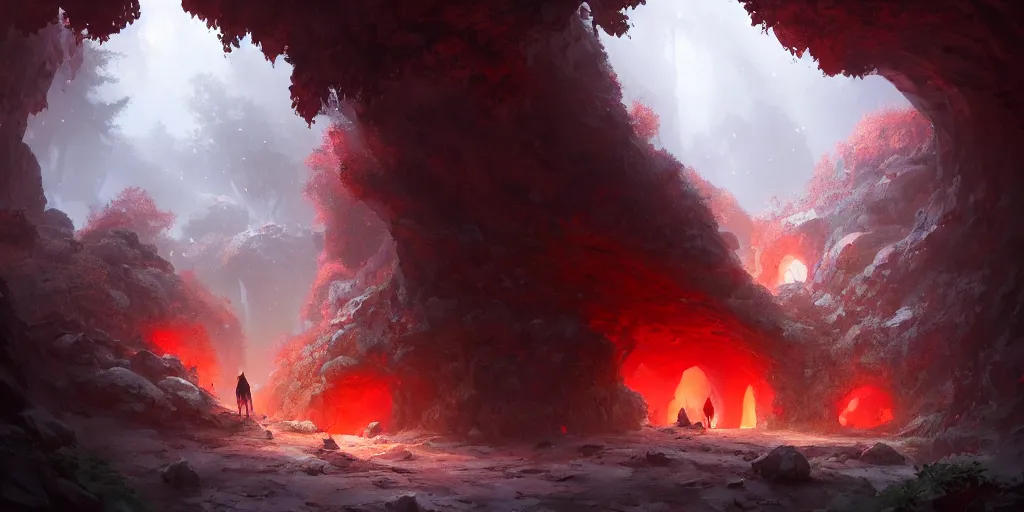 Image similar to entrance to small cave inside the forest, red crystals. In style of Greg Rutkowski, Jesper Ejsing, Makoto Shinkai, trending on ArtStation, fantasy, great composition, concept art, highly detailed, scenery, 8K, Behance.