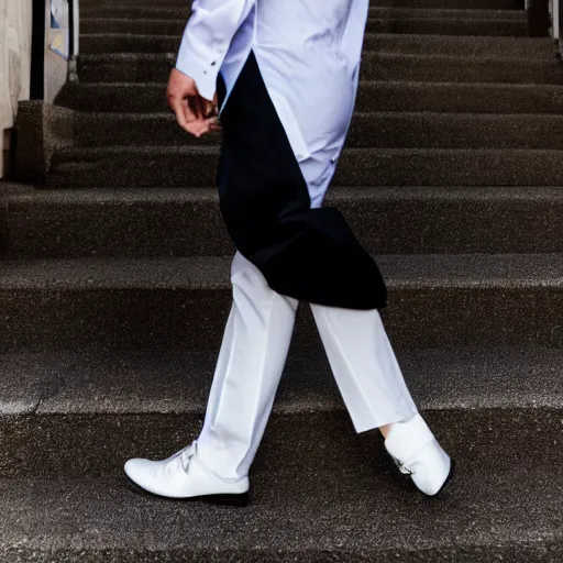 Prompt: clean - shaven chubby white man wearing white dress shirt, necktie, and dress trousers holding a black dress shoe. iq 4, f / 1. 4, iso 2 0 0, 1 / 1 6 0 s, 8 k, raw, dramatic lighting, symmetrical balance, in - frame