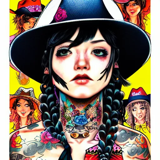 Image similar to full view of cowgirl with tattoos, wearing a cowboy hat, style of yoshii chie and hikari shimoda and martine johanna and will eisner, highly detailed