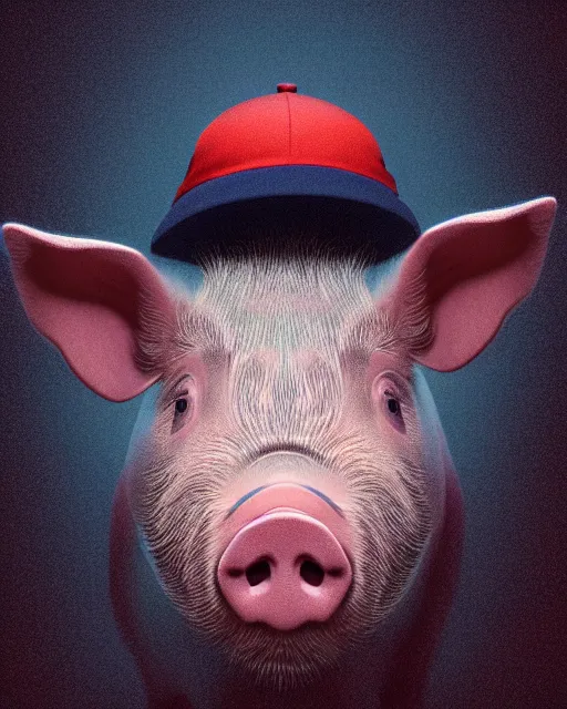 Prompt: portrait of a pig in a maga hat, intricate abstract. intricate artwork, by tooth wu, wlop, beeple, dan mumford. concept art, octane render, trending on artstation, greg rutkowski very coherent symmetrical artwork. cinematic, key art, hyper realism, high detail, octane render, 8 k, iridescent accents