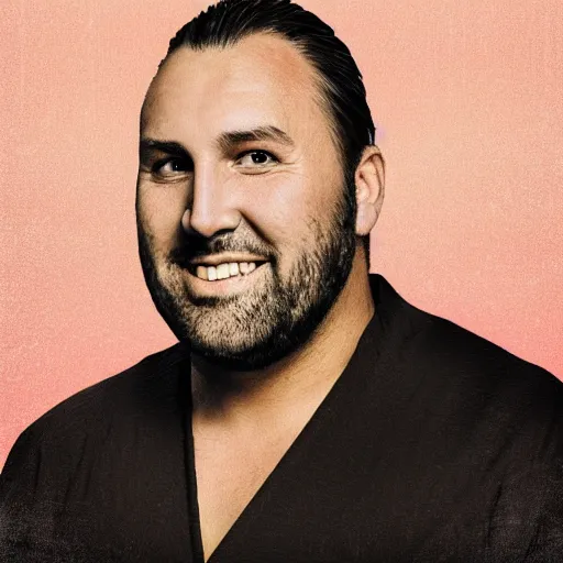 Prompt: brian houston of hillsong as a sumo wrestler in the style of a 1 9 6 0 s vintage portrait, pastel background