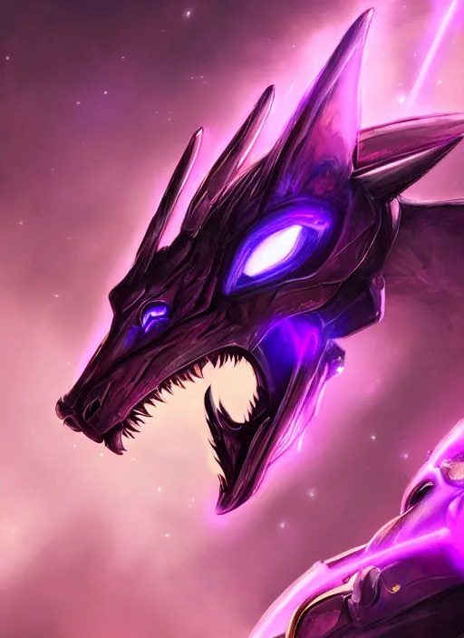 Image similar to cinematic goddess close shot, cosmic size beautiful stunning elegant hot giant robot mecha female dragon, sharp cyborg dragon head, metal ears, led glowing purple eyes, smooth fuschia skin, smooth silver armor, in space, epic proportions, macro, epic size, epic scale, furry art, dragon art, giantess art, warframe fanart, furaffinity, octane