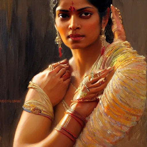 Image similar to a fit indian woman. highly detailed painting by gaston bussiere, craig mullins, j. c. leyendecker 8 k