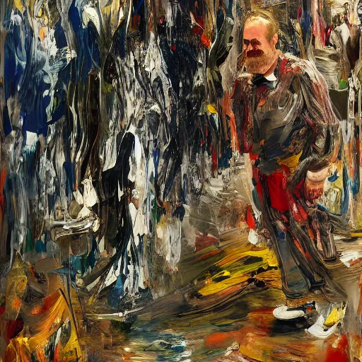 Prompt: _ in _ these _ paintings _ we _ see _ a _ who _ seem _ to _ be _ walking _ in _ circles, happy, painted by asger jorn, 8 k, in the style of ben quilty, oil paint with thick brushstrokes of paint, ultra detailed, realistic, paint drips all over