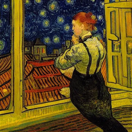 Image similar to a romantic girl on the roof of the house in rotterdam looks at the stars, in the windows yellow light, painting by wang gogh