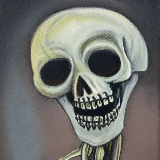 Image similar to creepy mafia skeleton in a fogged neighborhood, pastel painting