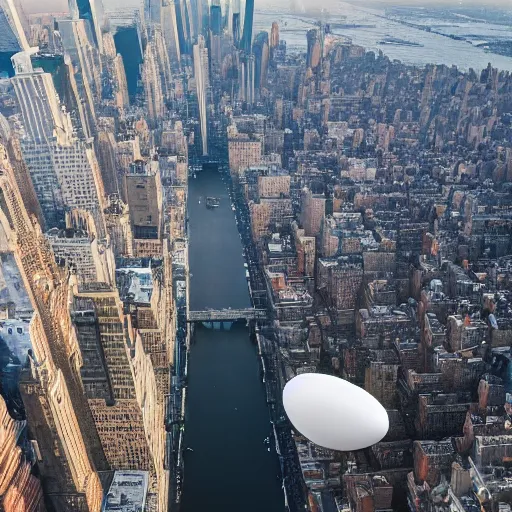 Prompt: photo of giant egg floating over New York City, aerial view