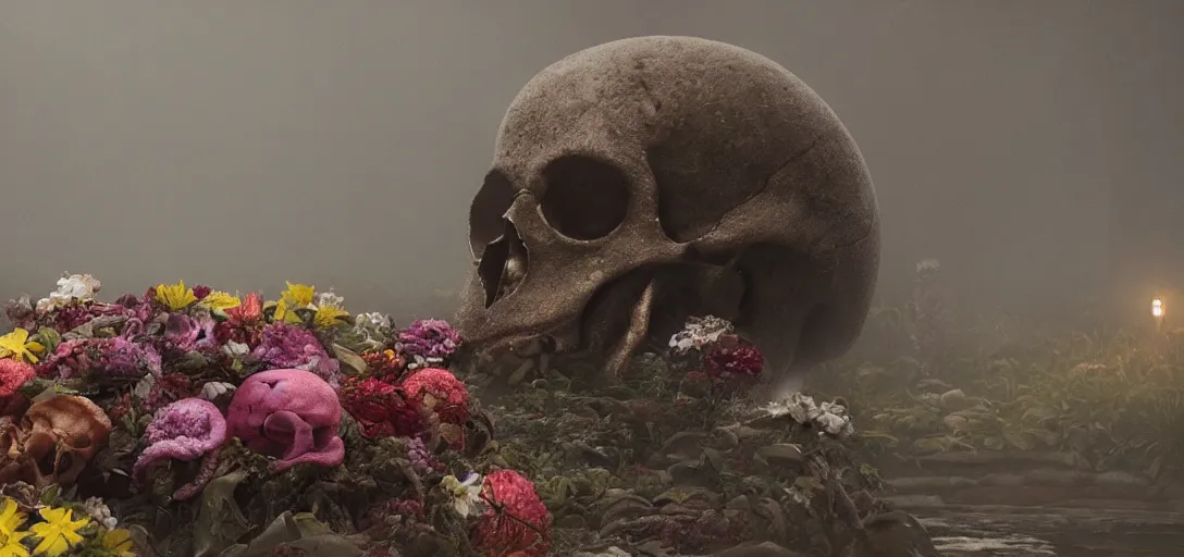Prompt: an octopus in the shape of a skull surrounded by flowers at midnight, fog, foggy!, cinematic shot, photo still from movie by denis villeneuve, wayne barlowe