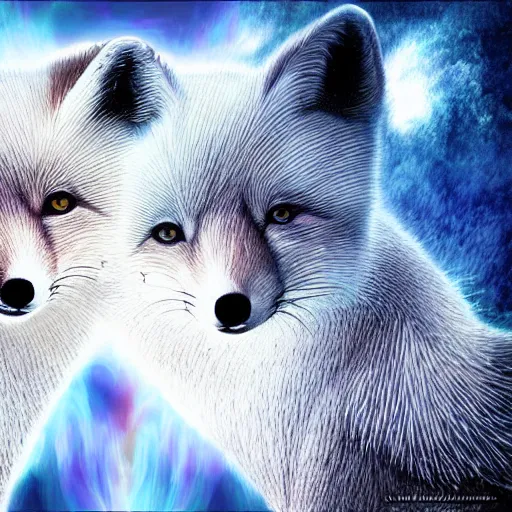 Image similar to surrealistic arctic fox bring fire and destruction to the world photorealistic symmetrical detailed fractal