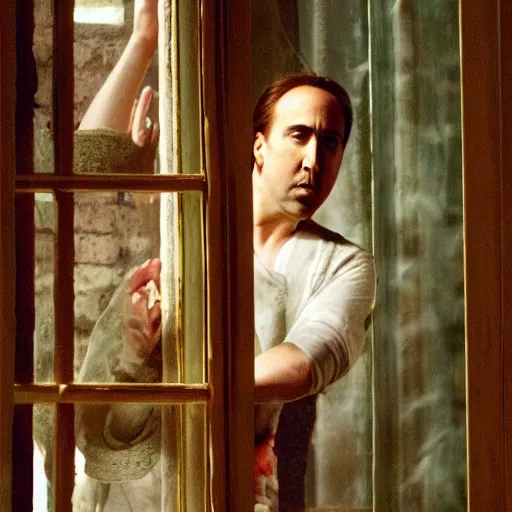 Image similar to nicholas cage as juliet in the window looking down at nicholas cage as romeo, beautiful cature of the stageplay nicholas and nicholas by shakespeare