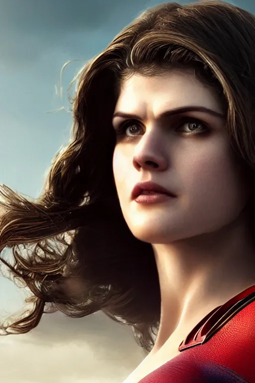 Image similar to a fancy close up of Man of Steel cast as Alexandra Daddario by Greg Rutkowski, Sung Choi, Mitchell Mohrhauser, Maciej Kuciara, Johnson Ting, Maxim Verehin, Peter Konig, 8k photorealistic, cinematic lighting, HD, high details, dramatic, trending on artstation, full body shot