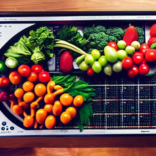 Image similar to film still of fresh fruits and vegetables making beats on an mpc