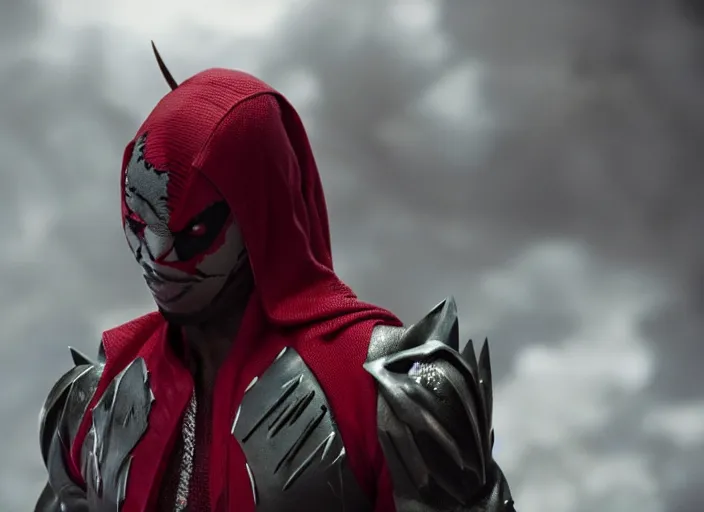 Image similar to film still of michael b jordan as spawn in the new spawn movie, giant chains, large cape, 8 k