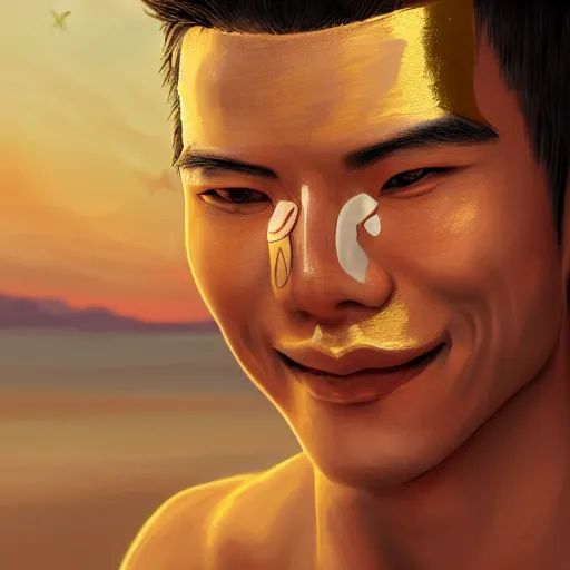 Image similar to beautiful serene intricate photograph of zuko from the fire nation as a japanese young man with gold colored eyes, smiling confidently, relaxing on the beach, golden hour, soft focus, 8 k, art by irakli nadar, hyperrealism, hyperdetailed, ultra realistic