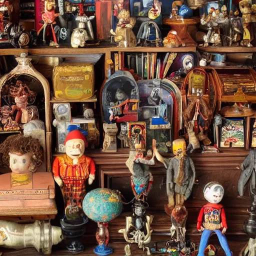 Image similar to A highly detailed photograph of a collection of antique toys
