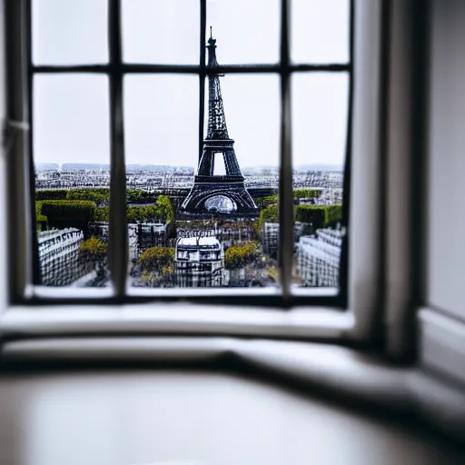 Image similar to perfume bottle on window sill in warm cosy feminine room room with a view of paris eiffel tower, up close shot, sharp focus, zen, clean, modern minimalist, octane highly render, 4 k, ultra hd,