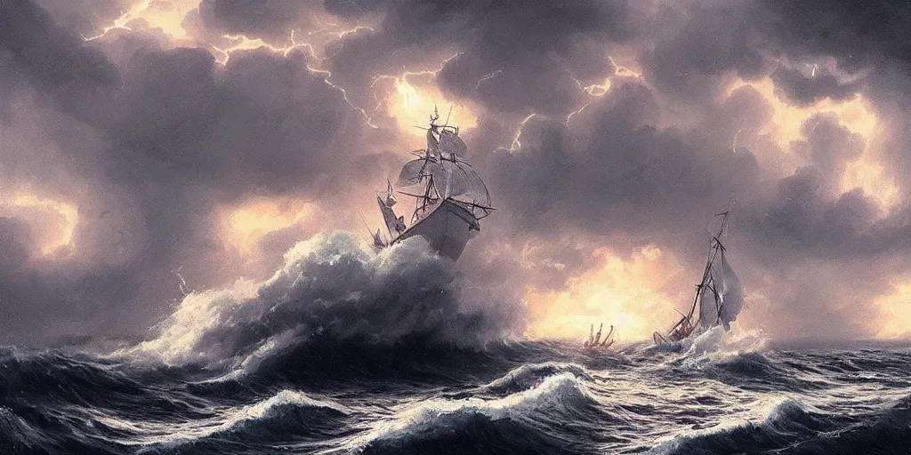 Prompt: A chinese sailing boat struggles through stormy seas, an intense storm blacks out the sky, lit by lightning, Greg Rutkowski and Studio Ghibli