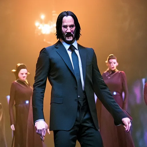 Image similar to Production photo of John Wick the musical on broadway, dancing, singing, fighting, John Wick costumes by Julie Taymor, set design by Julie Taymor