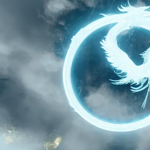 Prompt: a phoenix inside of a perfect circle made out of white and gold powder splash smoke, white marble background, high fantasy, 3d render, cgi rendering, very detailed, unreal engine, octane render, hyperrealistic