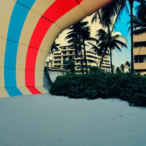 Image similar to noisy color photograph of an underground retrofuturist liminal space, staggered terraces, lonely palm tree next to a beach ball, deformations, minimalist, cinematic, soft vintage glow