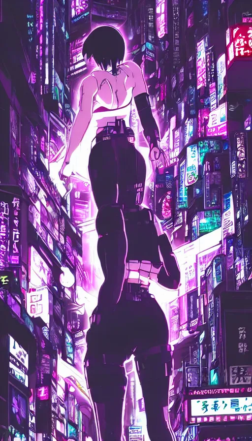 Prompt: mokoto kusanagi from ghost in the shell running in cyberpunk tokyo by night, digital hand drawing and coloring, anime style, highly detailed, neons lights