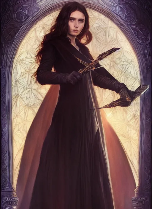 Image similar to portrait Rooney Mara as a dark magician of the magic of darkness, full length shot, shining, 8k highly detailed, sharp focus, illustration, art by artgerm, mucha, bouguereau