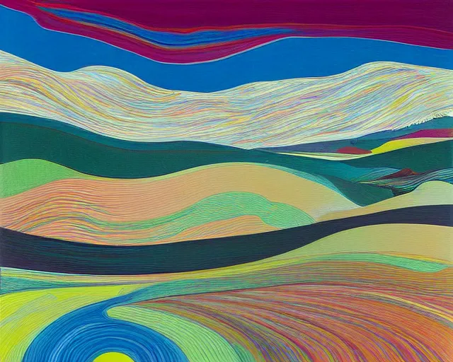 Image similar to A wild, insane, modernist landscape painting. Wild energy patterns rippling in all directions. Curves, organic, zig-zags. Saturated color. Mountains. Clouds. Rushing water. Wayne Thiebaud. Lisa Yuskavage landscape.