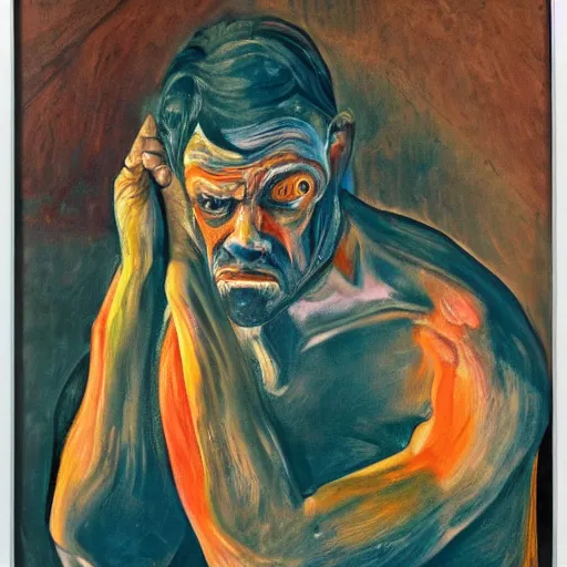Image similar to high quality high detail painting of a man in agony by lucian freud and edvard munch and francis bacon, hd, poor beggar on the streets of london, turquoise and orange